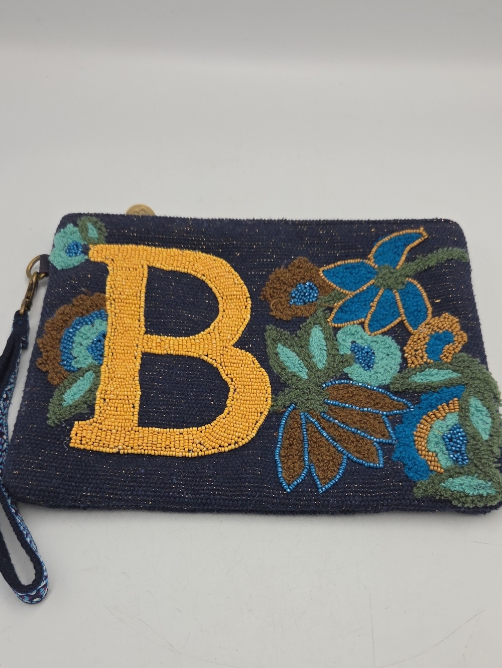 America & Beyond Monogram 'B' Navy Beaded & Embroidered Wristlet